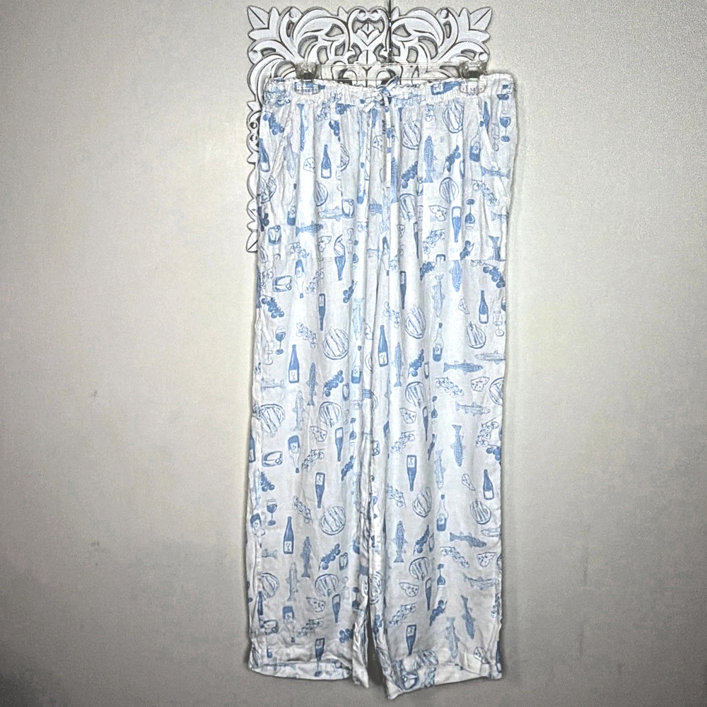 Cynthia Rowley size LARGE Pants Wide Leg 100% Linen Blue White Foodie Theme
